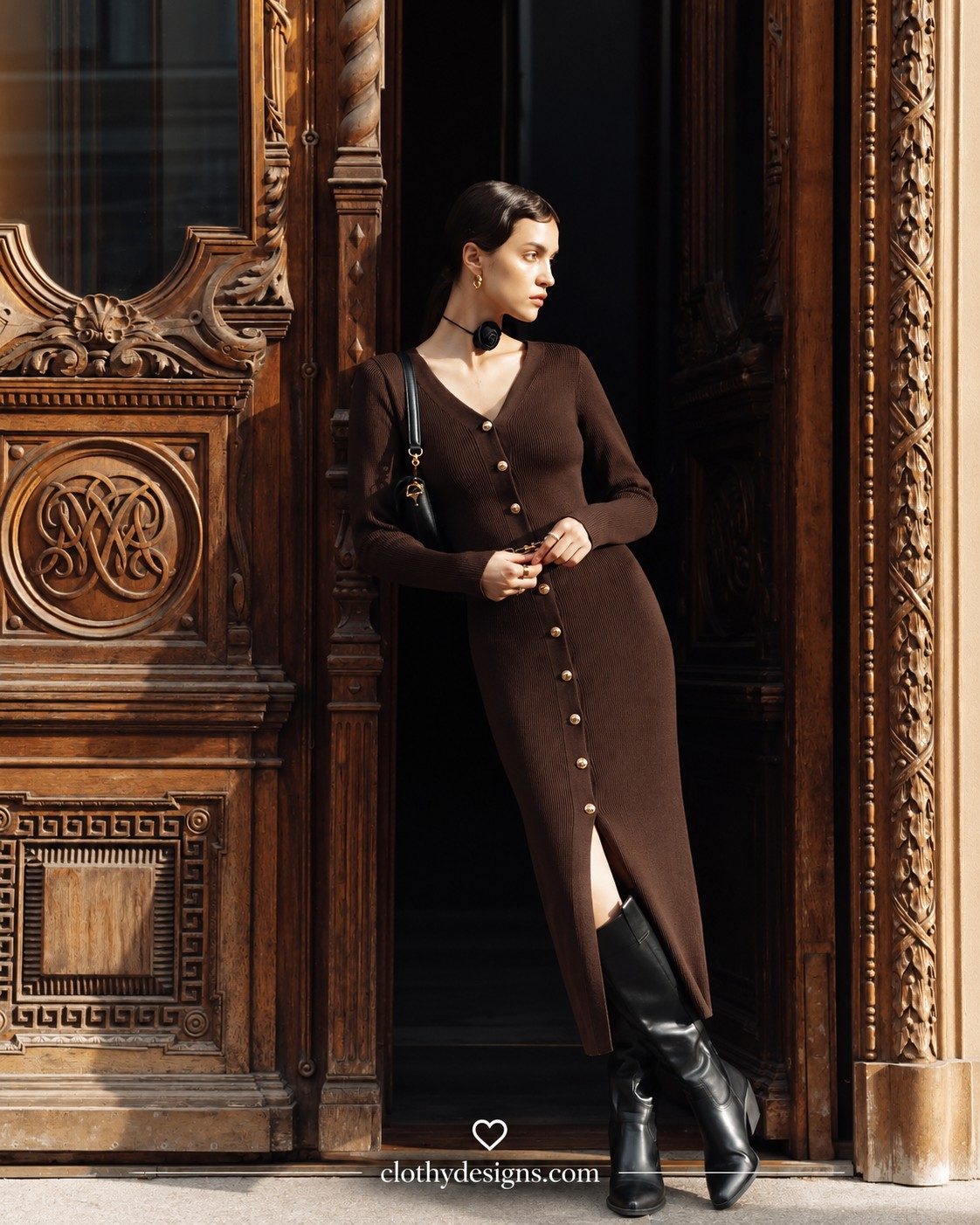 Women's Knitted Button-Front Midi Sweater Dress – Long Sleeve Bodycon Dress with Side Split, Fall Winter Fashion